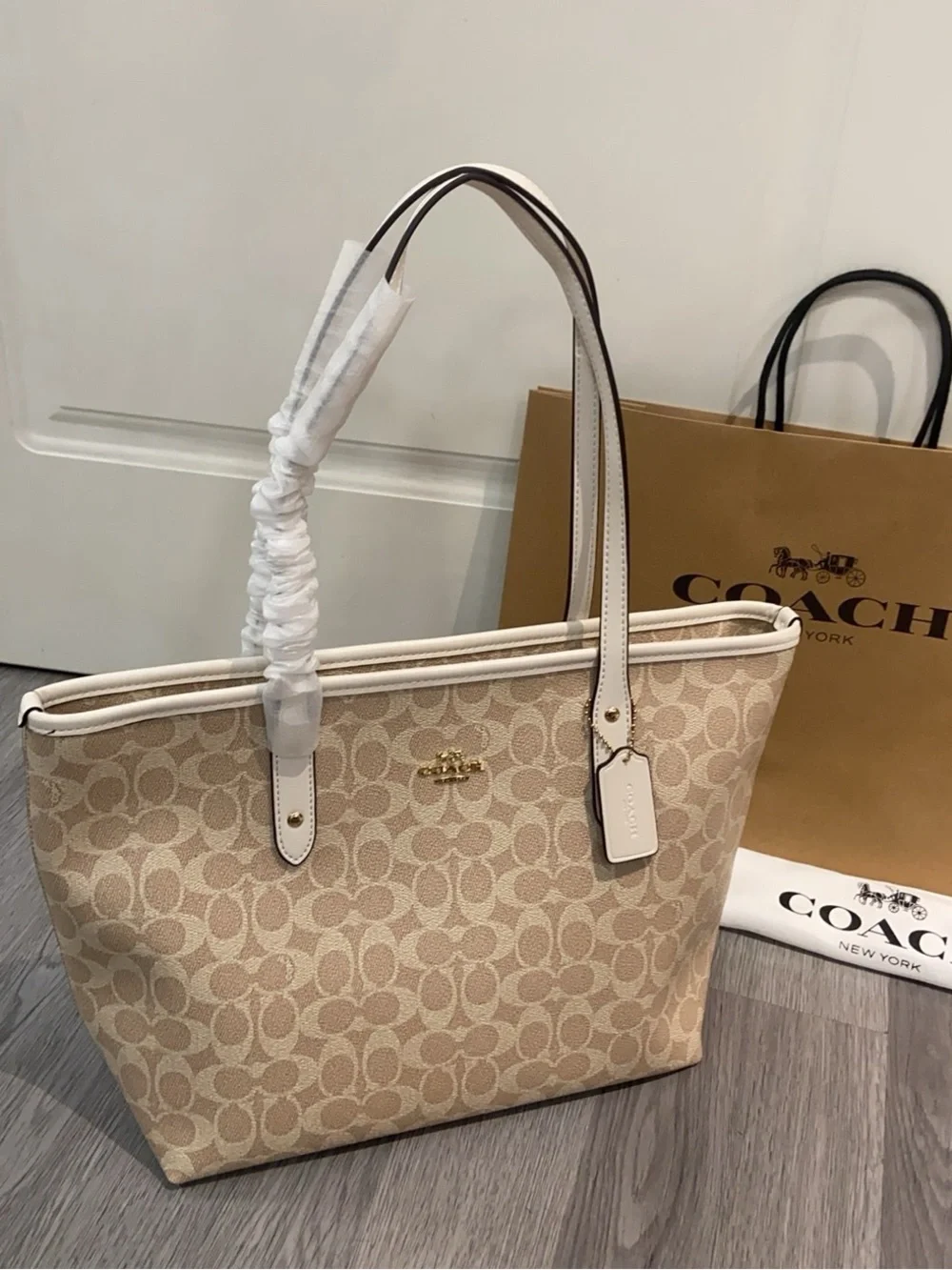 Coach Beige and White Signature Logo Tote